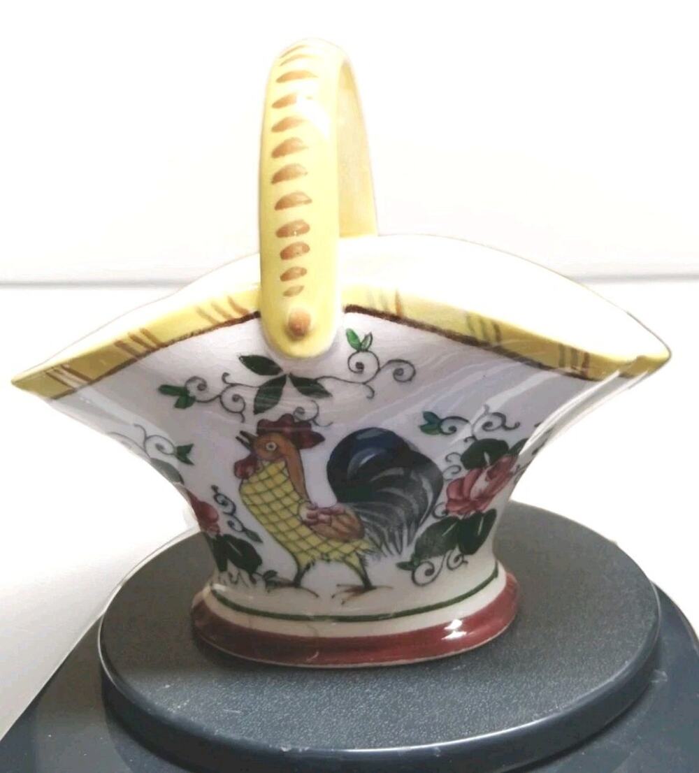 Vintage Ceramic Rooster Basket Hand Painted Japan